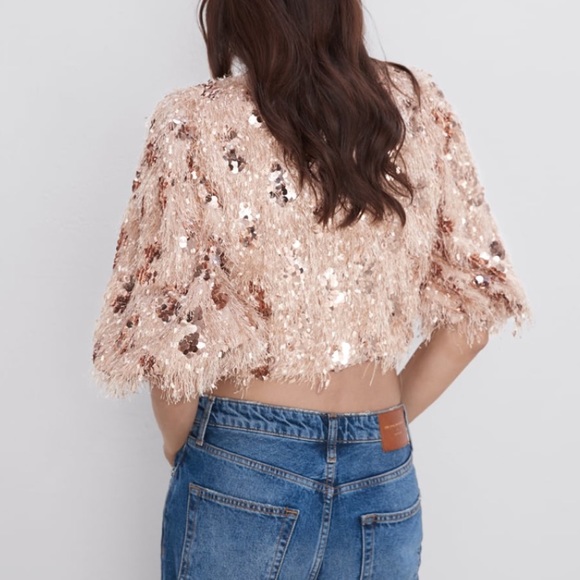 🌞NWT Zara Sequins Crop Top Balloon Sleeve Pink S - Picture 9 of 12